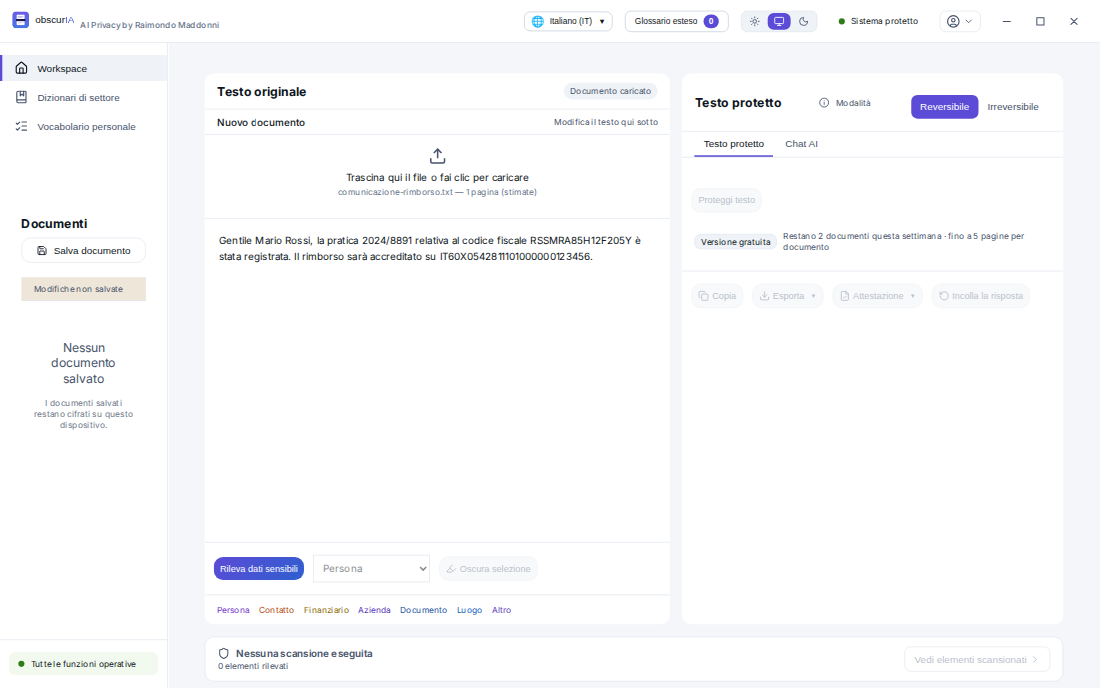Paste your text or document: schermata di obscurIA al passo 1